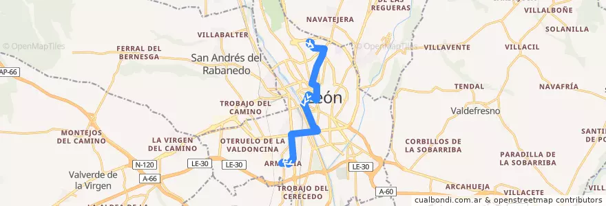 Mapa del recorrido Bus 1: Hospitales → Armunia de la línea  en León.