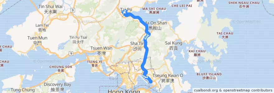Mapa del recorrido KMB Route T74 (Tai Wo B/T - Kwun Tong B/T) de la línea  en 新界 New Territories.
