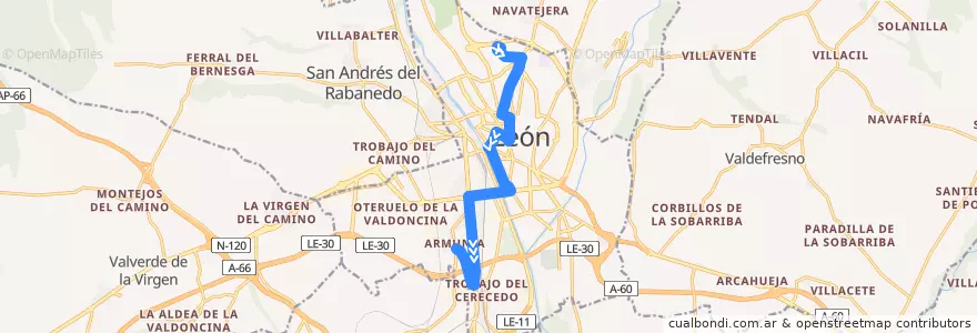 Mapa del recorrido Bus 1: Hospitales → Armunia por Trobajo del Cerecedo de la línea  en León.
