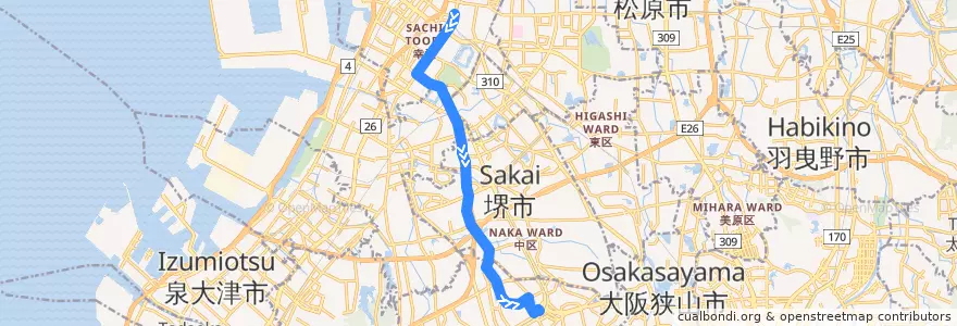Mapa del recorrido 102: 堺東駅前-泉ヶ丘駅 de la línea  en 堺市.