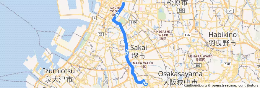 Mapa del recorrido 102: 泉ヶ丘駅-堺東駅前 de la línea  en 堺市.