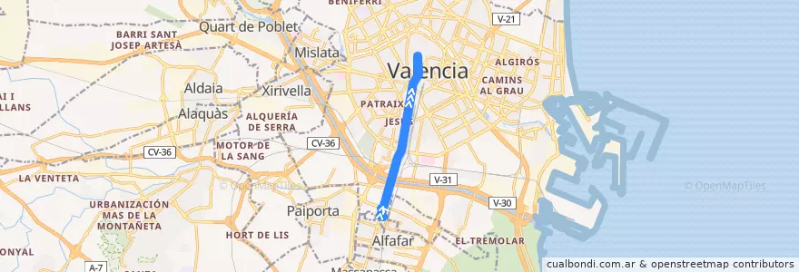 Mapa del recorrido Bus 27: la Torre => Mercat Central de la línea  en Comarca de València.