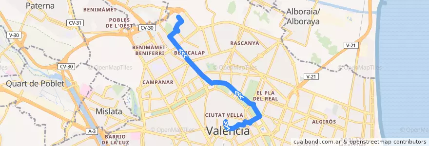 Mapa del recorrido Bus 28: Mercat Central => Ciutat Art. Faller de la línea  en Comarca de València.