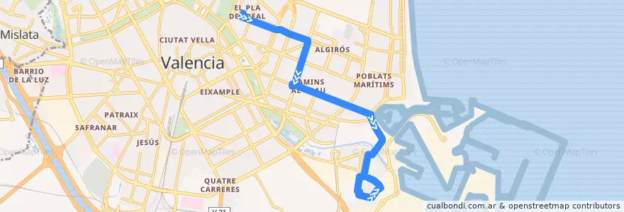Mapa del recorrido Bus 30: Hospital Clínic => Natzaret de la línea  en Comarca de València.