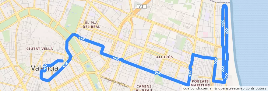 Mapa del recorrido Bus 32: Passeig Marítim => Pl. de l'Ajuntament (Día de Mercado) de la línea  en Comarca de València.