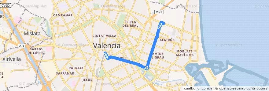 Mapa del recorrido Bus 40: Estació Nord => Universitats de la línea  en Comarca de València.