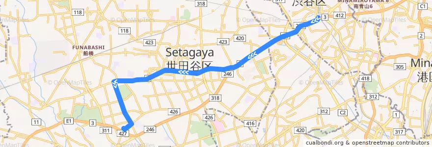 Mapa del recorrido 松陰線　渋谷駅→用賀駅 de la línea  en 도쿄도.