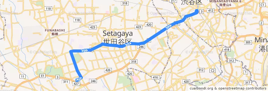 Mapa del recorrido 松陰線　用賀駅→渋谷駅 de la línea  en Tokyo.