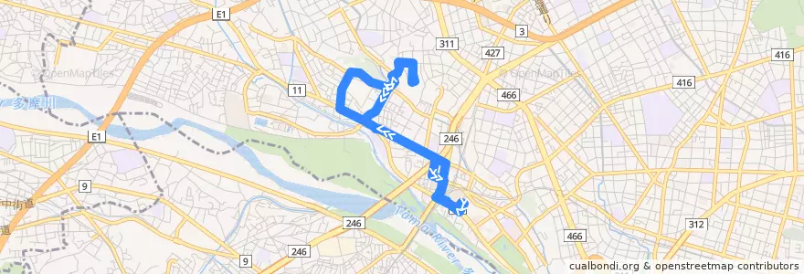 Mapa del recorrido 美術館線 de la línea  en 世田谷区.