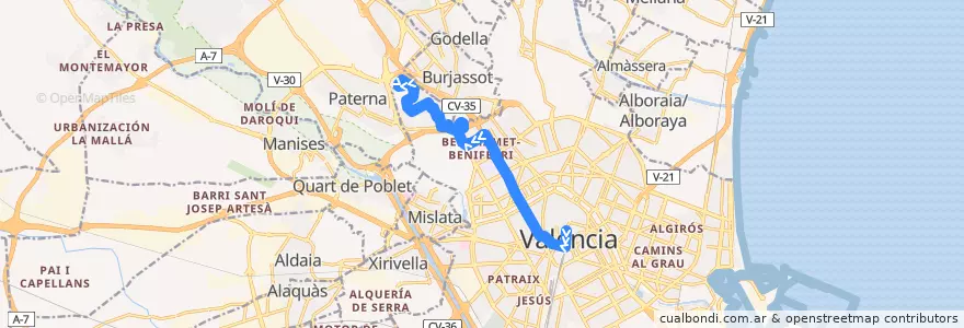 Mapa del recorrido Bus 62: Pl. de l'Ajuntament => Benimàmet de la línea  en Comarca de València.