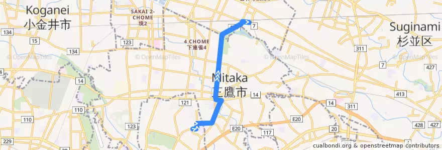 Mapa del recorrido Bus 吉04 野ヶ谷->吉祥寺駅 de la línea  en Tokio.
