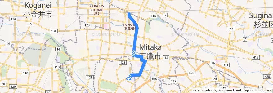 Mapa del recorrido Bus 鷹55 野ヶ谷->三鷹駅 de la línea  en Tokyo.