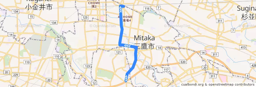Mapa del recorrido Bus 鷹54 晃華学園東->三鷹駅 de la línea  en Tokio.
