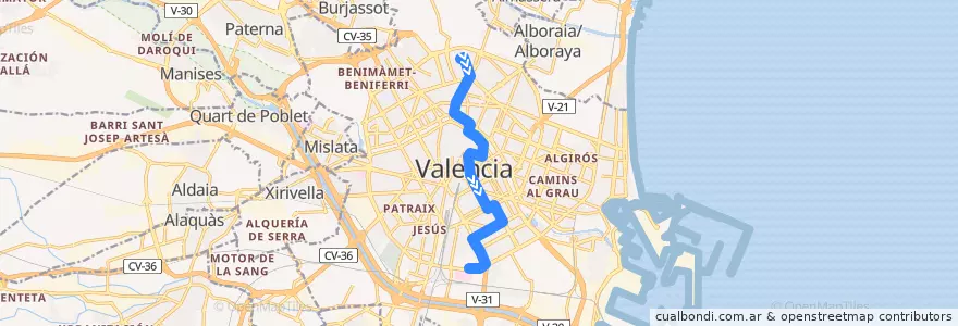 Mapa del recorrido Bus 6: Torrefiel => Nou Hospital la Fe (Día de Mercado) de la línea  en Comarca de València.