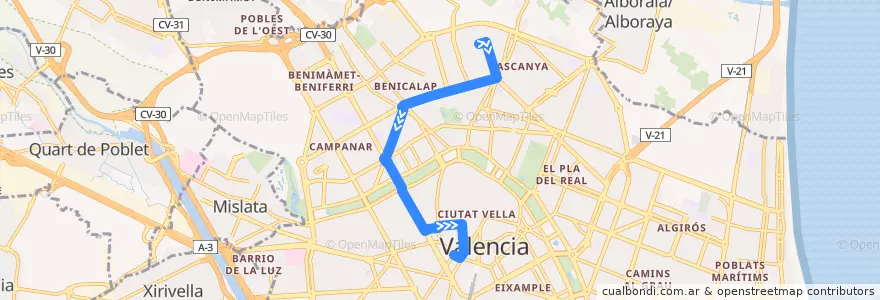 Mapa del recorrido Bus 60: Torrefiel => Av. de l'Oest (Día de Mercado) de la línea  en Comarca de València.