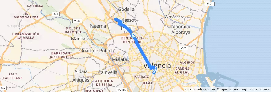 Mapa del recorrido Bus 63: Estació Nord => Campus de Burjassot de la línea  en Valencia.