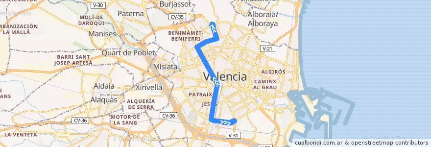 Mapa del recorrido Bus 64: Est. J. Sorolla/Nou Hosp. la Fe => Benicalap de la línea  en Comarca de València.