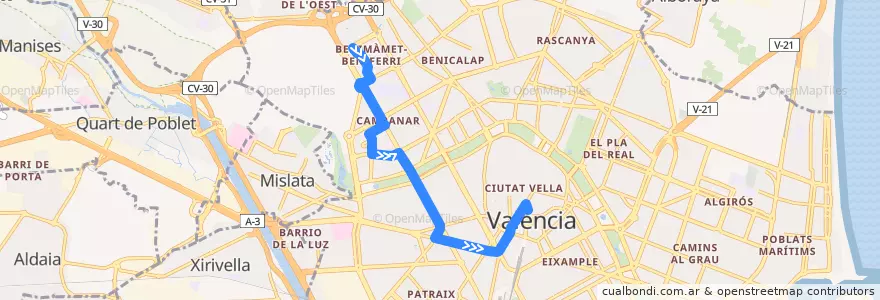 Mapa del recorrido Bus 67: Nou Campanar => Pl. de l'Ajuntament de la línea  en Comarca de València.