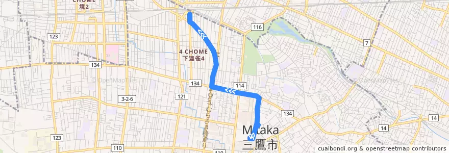 Mapa del recorrido Bus 鷹63 杏林大学井の頭キャンパス->三鷹駅 de la línea  en 三鷹市.