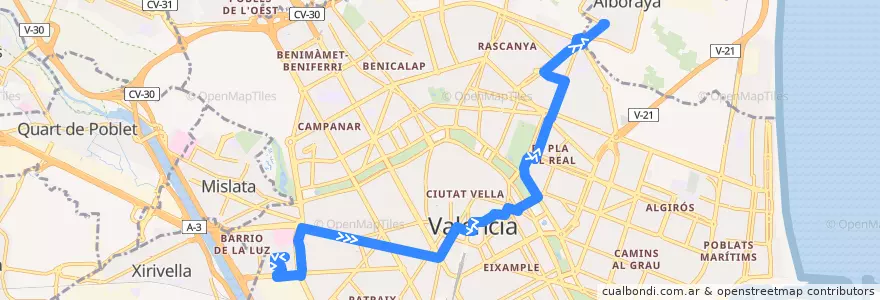 Mapa del recorrido Bus 70: la Fontsanta => Alboraia de la línea  en Comarca de València.