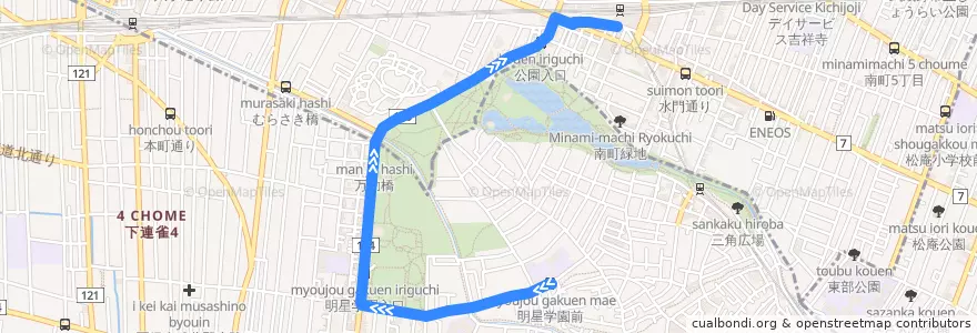Mapa del recorrido 吉11 明星学園前 -> 吉祥寺駅 de la línea  en Tokyo.