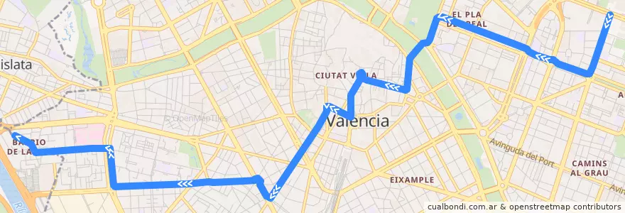 Mapa del recorrido Bus 71: Universitats => la Llum de la línea  en Comarca de València.