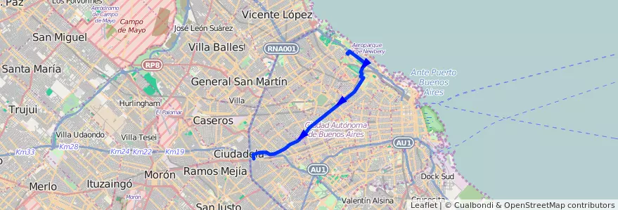 Mapa del recorrido A B C de la línea 34 en Буэнос-Айрес.