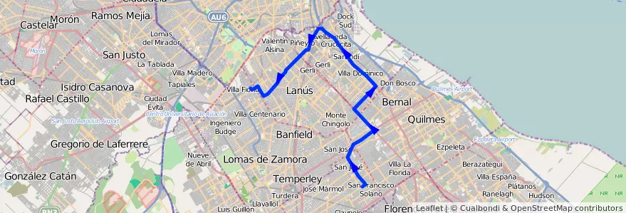 Mapa del recorrido A B. San Jose-Fiorito de la línea 247 en Provincia di Buenos Aires.