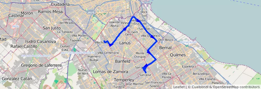 Mapa del recorrido A B. San Jose-Fiorito de la línea 247 en استان بوئنوس آیرس.