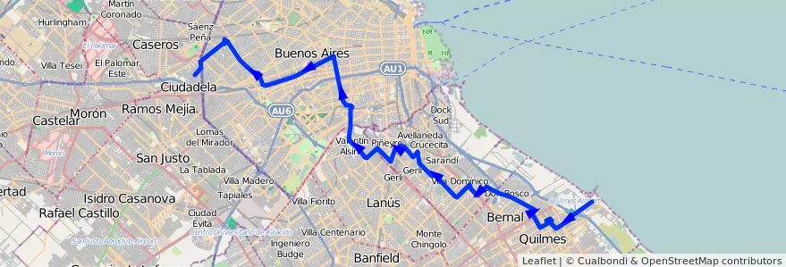 Mapa del recorrido A Ciudadela-Quilmes de la línea 85 en آرژانتین.