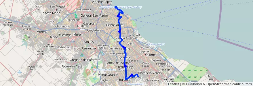 Mapa del recorrido A Claypole-C.Univ. de la línea 160 en Argentina.
