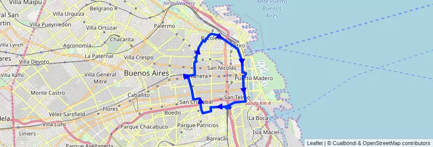 Mapa del recorrido A Const.-Retiro-Const. de la línea 61 en Autonomous City of Buenos Aires.