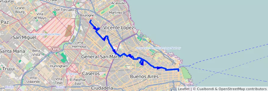 Mapa del recorrido A Correo-Boulogne de la línea 140 en 阿根廷.