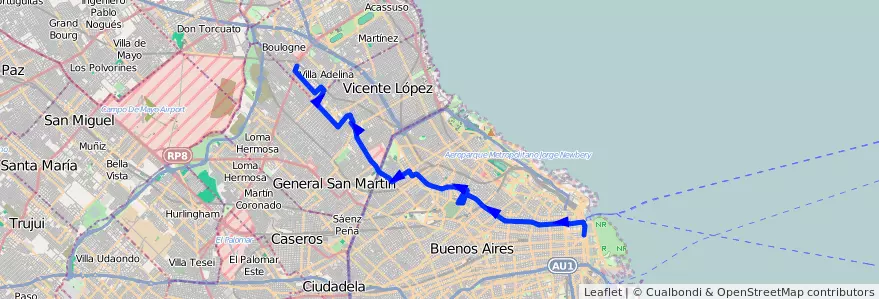 Mapa del recorrido A Correo-Boulogne de la línea 140 en Argentina.