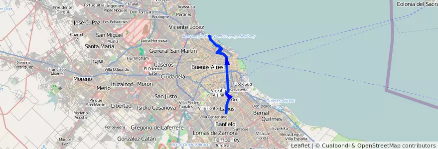 Mapa del recorrido A C.Univ-Lanus de la línea 37 en آرژانتین.