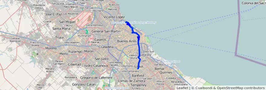 Mapa del recorrido A C.Univ-Lanus de la línea 37 en الأرجنتين.