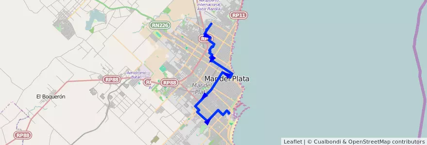 Mapa del recorrido A de la línea 552 en Mar del Plata.
