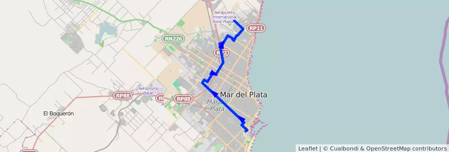 Mapa del recorrido A de la línea 563 en Mar del Plata.