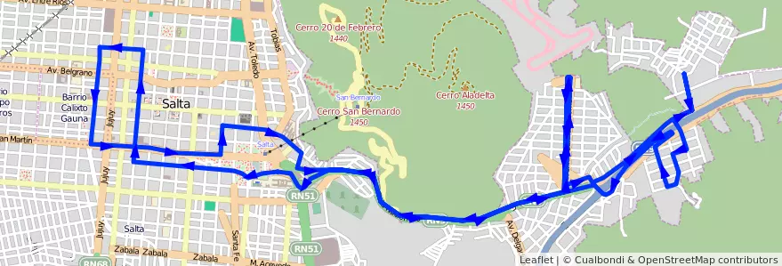 Mapa del recorrido A de la línea Corredor 2 en Salta.