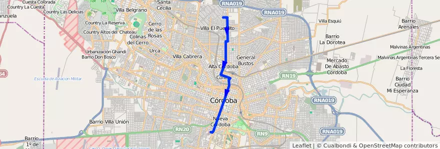 Mapa del recorrido A de la línea Trolebus en Municipio de Córdoba.