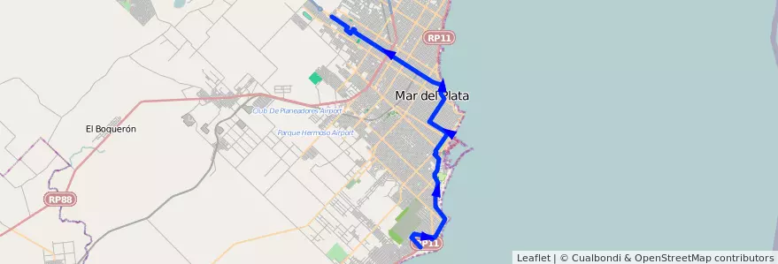 Mapa del recorrido A de la línea 511 en Mar del Plata.