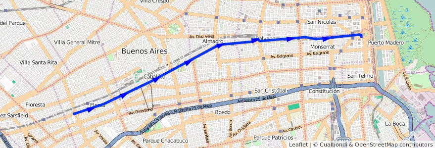 Mapa del recorrido A de la línea Subte en Ciudad Autónoma de Buenos Aires.