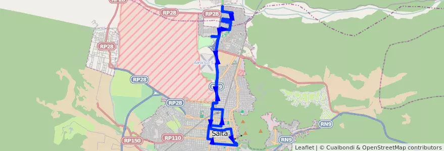 Mapa del recorrido A de la línea Corredor 6 en Salta.