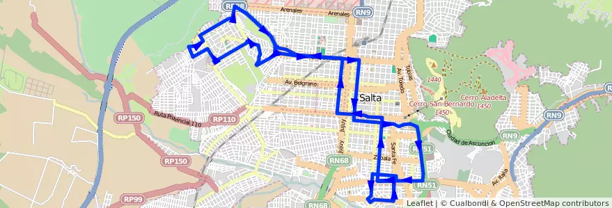 Mapa del recorrido A de la línea Corredor 3 en Salta.