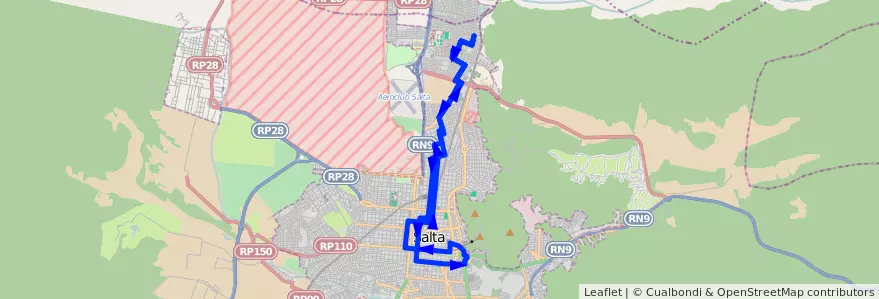 Mapa del recorrido A de la línea Corredor 7 en Salta.