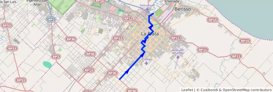 Mapa del recorrido A de la línea 307 en Partido de La Plata.