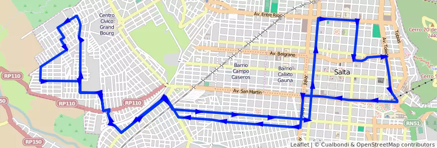 Mapa del recorrido A de la línea Corredor 4 en Salta.