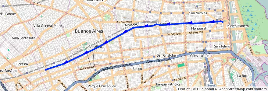 Mapa del recorrido A de la línea Subte en Буэнос-Айрес.
