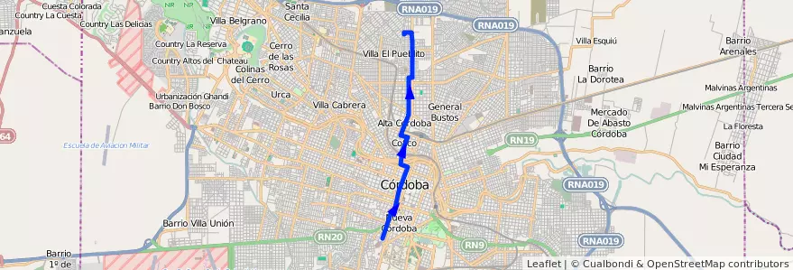 Mapa del recorrido A de la línea Trolebus en Municipio de Córdoba.