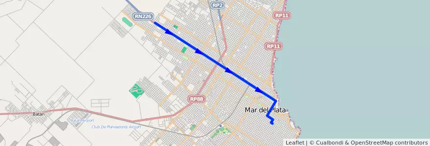 Mapa del recorrido A de la línea 512 en Mar del Plata.